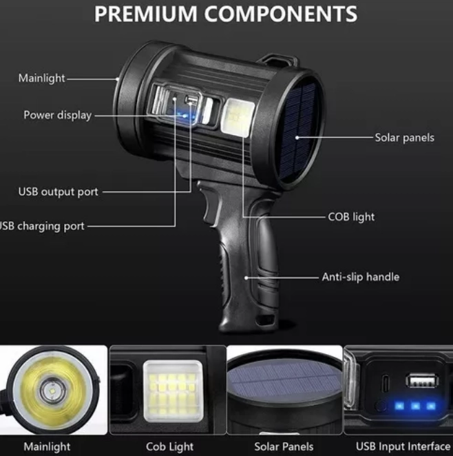 LINTERNA PORTÁTIL SPOTLIGHT DE 90000 LÚMENES CON ENFOQUE LED, COLOR NEGRO, LUZ BLANCA - 3