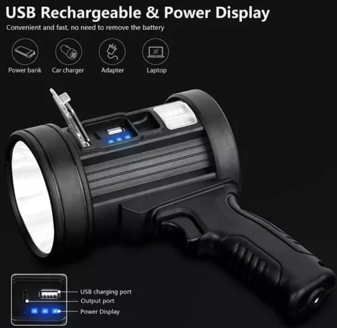 LINTERNA PORTÁTIL SPOTLIGHT DE 90000 LÚMENES CON ENFOQUE LED, COLOR NEGRO, LUZ BLANCA - 4