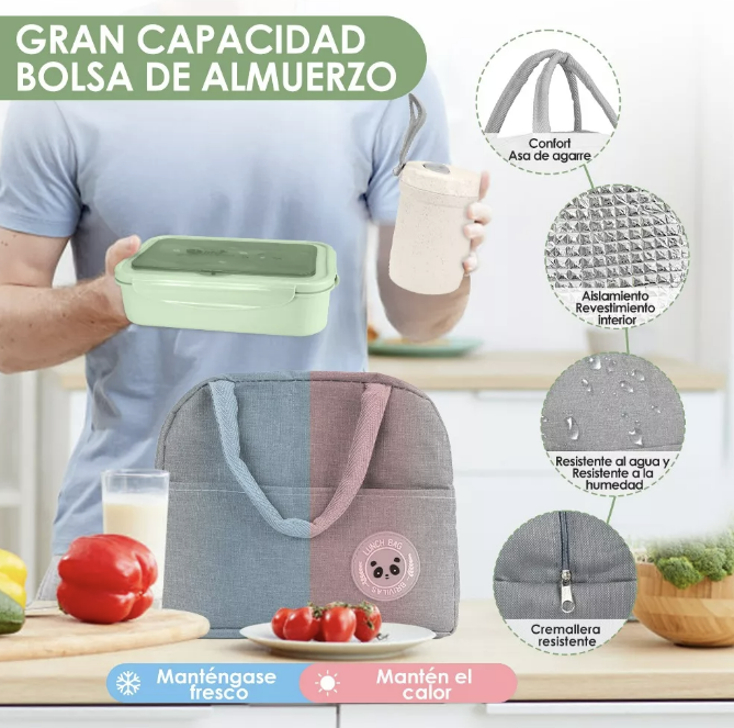 BOLSO LONCHERA TÉRMICA Y FIAMBRERA SET PARA NIÑOS ADULTOS GRIS - 4