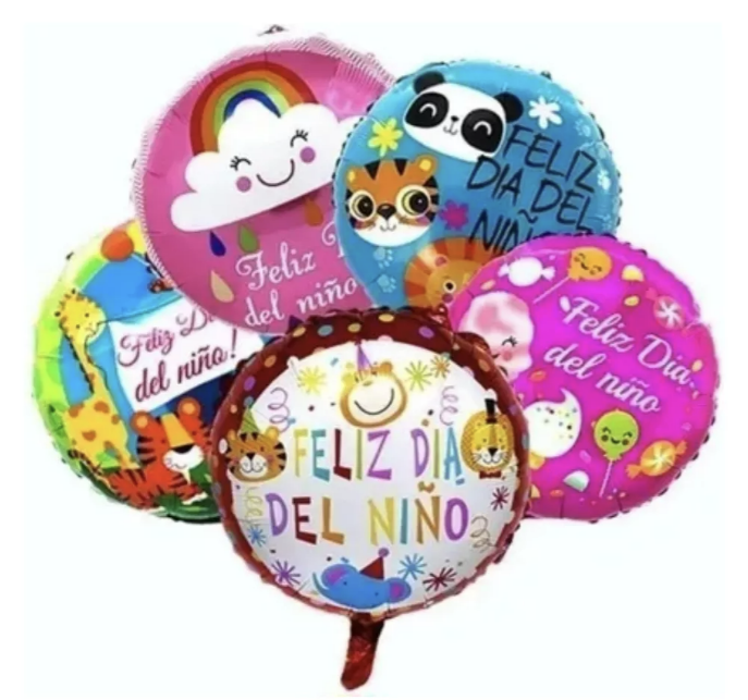 GLOBOS PAPEL METÁLICOS FELIZ DIA DEL NIÑO CON VARILLA 45CM ROSADO - 1