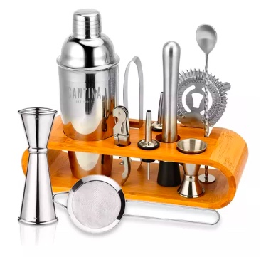 JUEGO COCTELERA SET UTENSILIOS BAR INOXIDABLE 12 PZS COLOR BAMBÚ NATURAL - 1