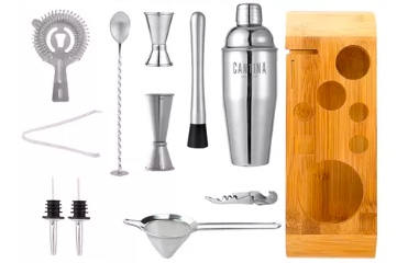 JUEGO COCTELERA SET UTENSILIOS BAR INOXIDABLE 12 PZS COLOR BAMBÚ NATURAL - 2