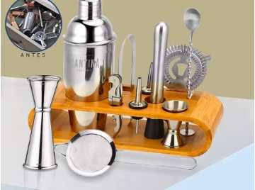JUEGO COCTELERA SET UTENSILIOS BAR INOXIDABLE 12 PZS COLOR BAMBÚ NATURAL - 7