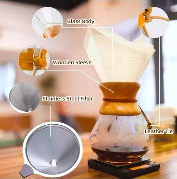 CAFETERA CHEMEX MADERA CON FILTRO DE ACERO INOXIDABLE - 3