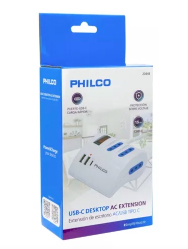 EXTENSIÓN ALARGADOR ESCRITORIO AC/USB-C 3.0 PHILCO 2044B COLOR BLANCO - 5