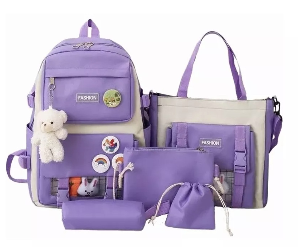 MOCHILA ESCOLAR VIAJE ESTILO COREANO 5 PIEZAS KIT - 1