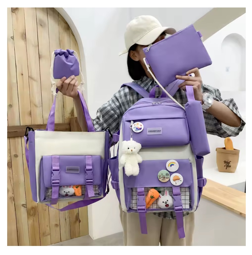 MOCHILA ESCOLAR VIAJE ESTILO COREANO 5 PIEZAS KIT - 2