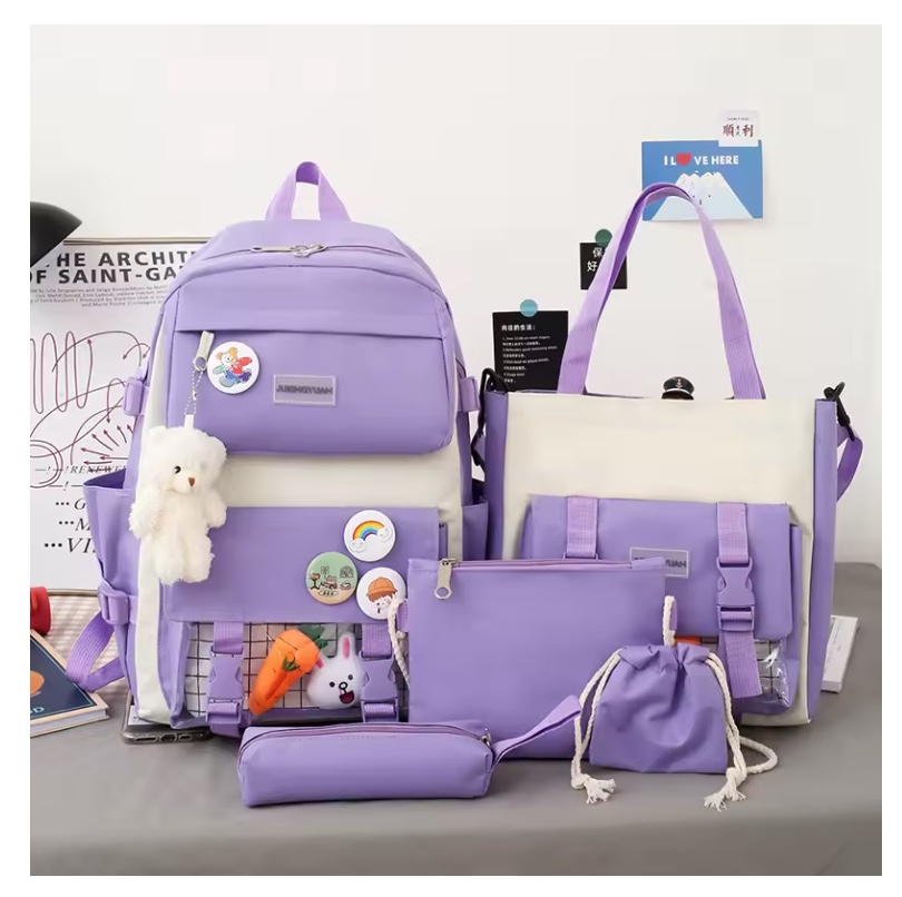 MOCHILA ESCOLAR VIAJE ESTILO COREANO 5 PIEZAS KIT - 3
