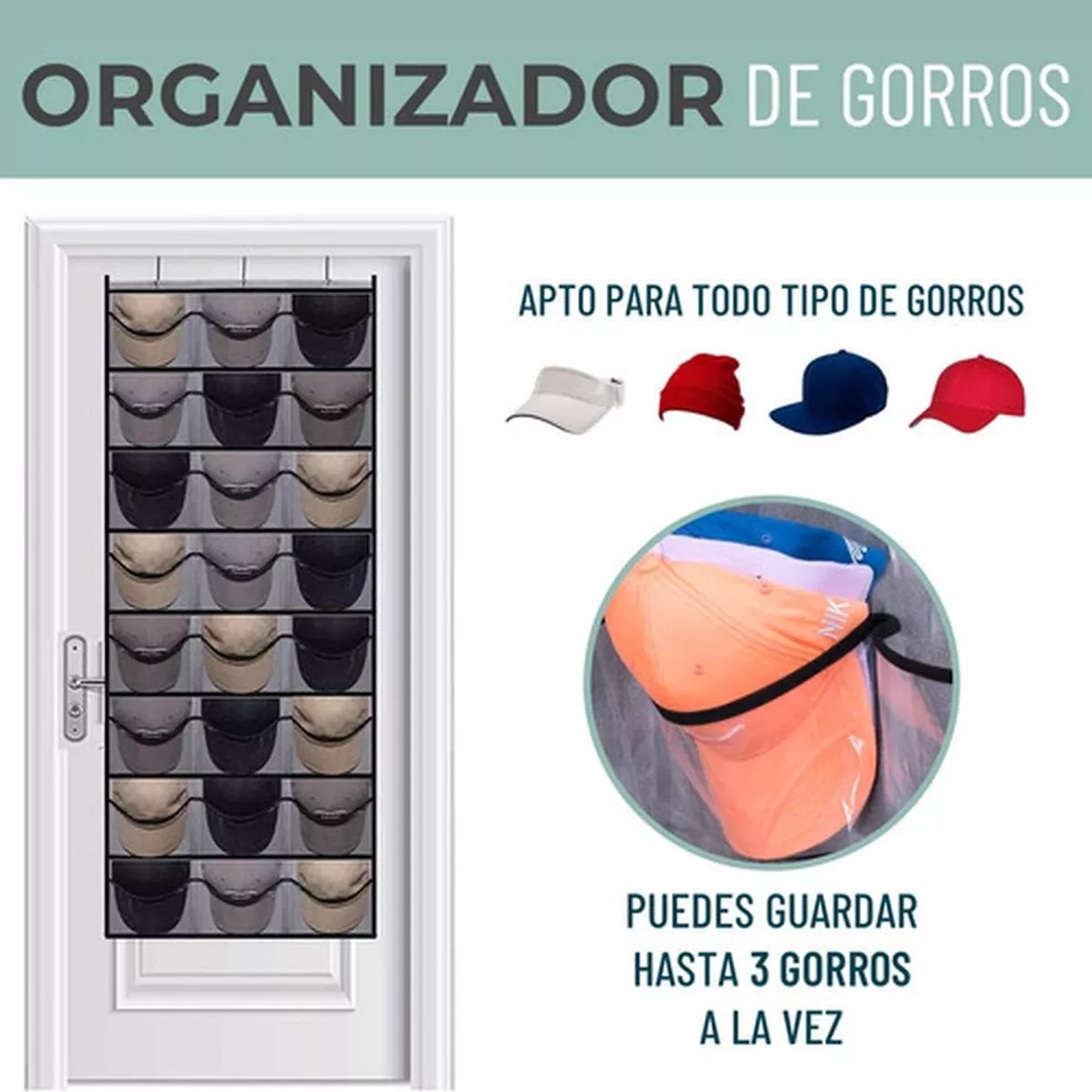 ORGANIZADOR GORRAS GORROS JOCKEY DETRÁS DE PUERTA - 2