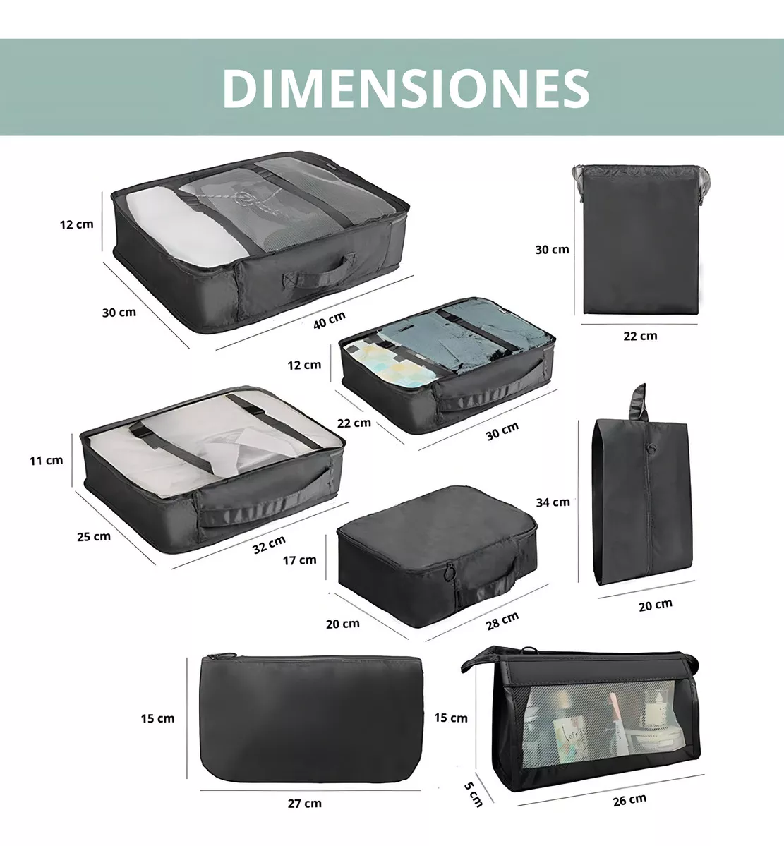 JUEGO DE 8 BOLSAS ORGANIZADORAS DE MALETAS - 3