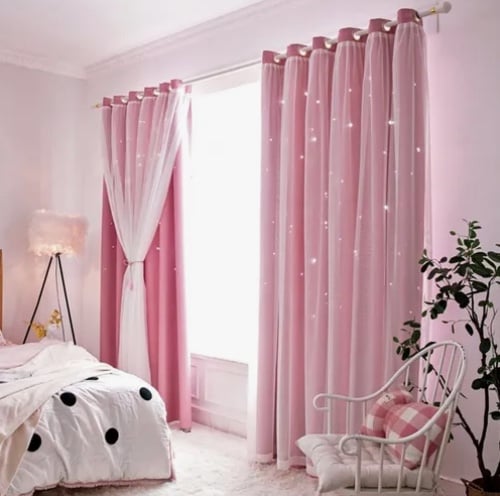 CORTINAS TELA+VISILLO ESTRELLA ROSADA - 1