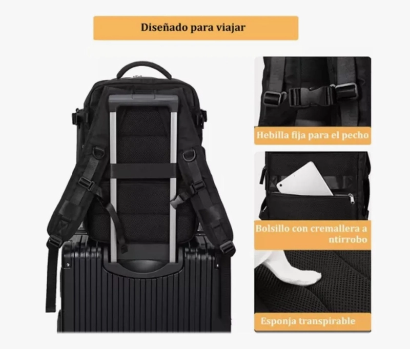 MOCHILA VIAJE CABINA AVION IMPERMEABLE NEGRA - 5
