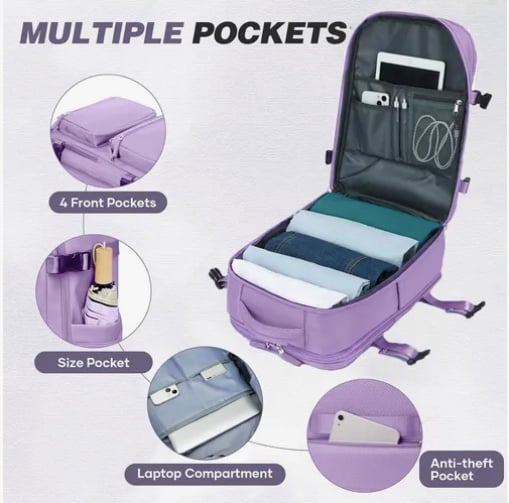 MOCHILA VIAJE CABINA AVION IMPERMEABLE MORADA - 2
