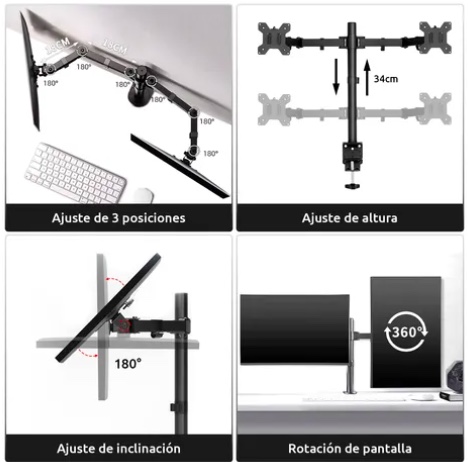 SOPORTE ARTICULADO DOBLE MONITOR 13-27 NEGRO - 3