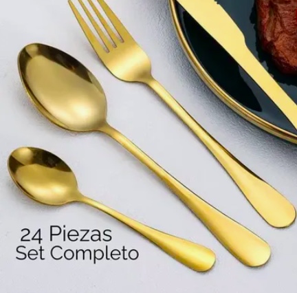 SET 24 PIEZAS CUBIERTOS CUCHILLERIA ACERO INOXIDABLE DORADO - 2