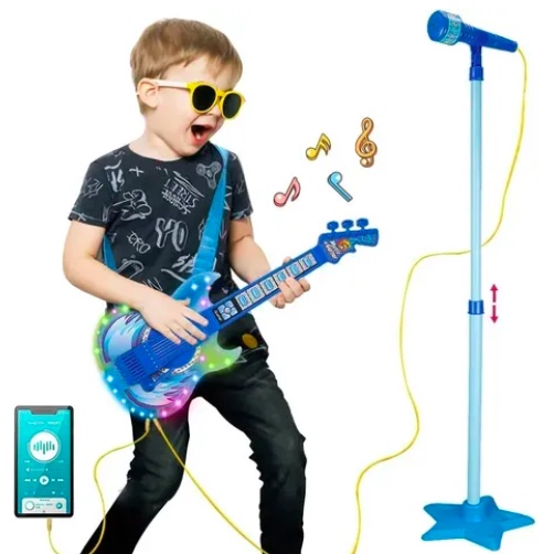SET GUITARRA MICROFONO PEDESTAL JUGUETE MP3 LUCES AZUL - 1