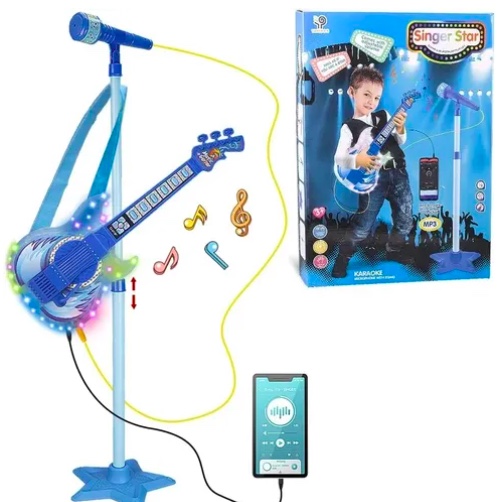 SET GUITARRA MICROFONO PEDESTAL JUGUETE MP3 LUCES AZUL - 2