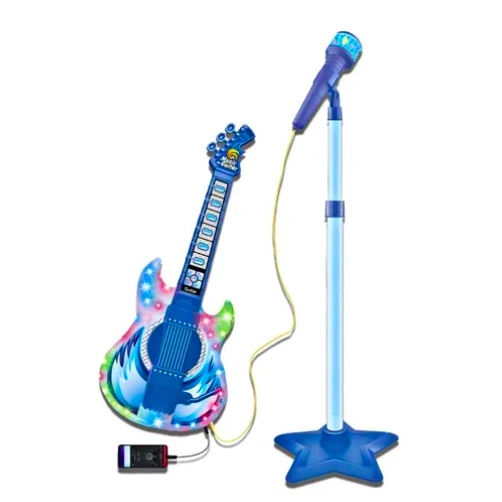 SET GUITARRA MICROFONO PEDESTAL JUGUETE MP3 LUCES AZUL - 3