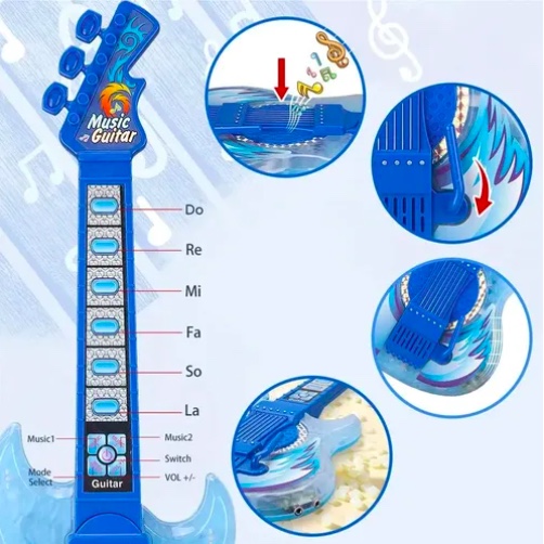 SET GUITARRA MICROFONO PEDESTAL JUGUETE MP3 LUCES AZUL - 4