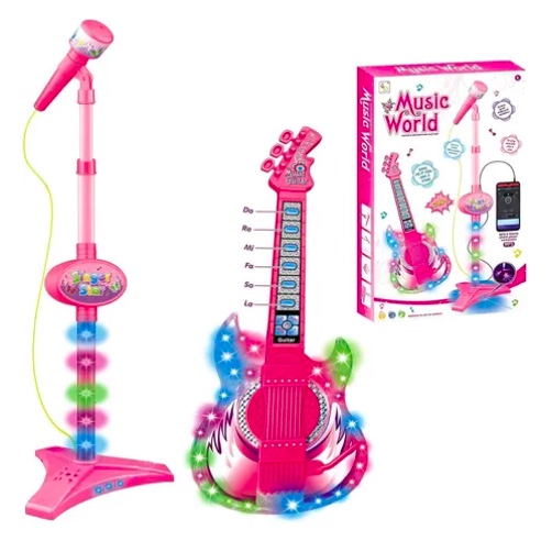 SET GUITARRA MICROFONO PEDESTAL JUGUETE MP3 LUCES - 1