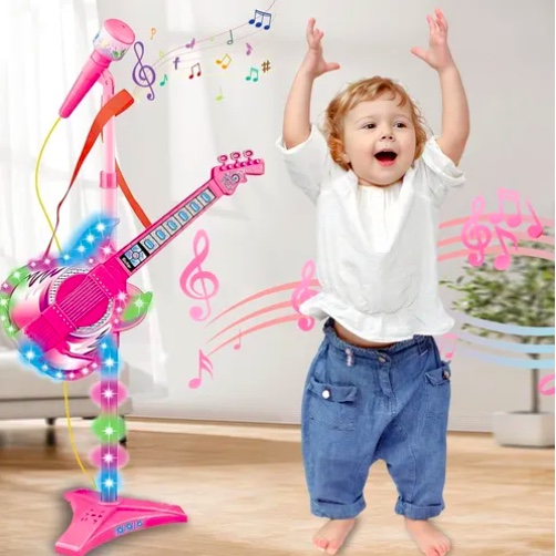 SET GUITARRA MICROFONO PEDESTAL JUGUETE MP3 LUCES - 5