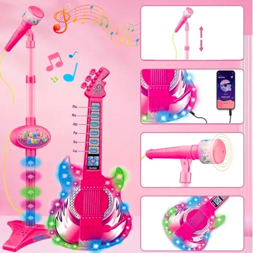SET GUITARRA MICROFONO PEDESTAL JUGUETE MP3 LUCES - 6