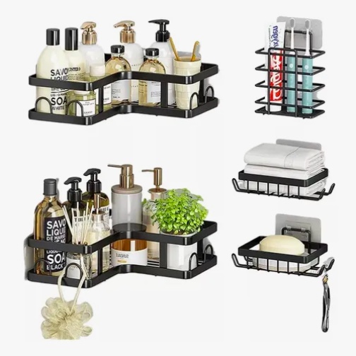 SET 5 PIEZAS ESQUINERO ORGANIZADOR DUCHA BAÑO ADHESIVO NEGRO - 1