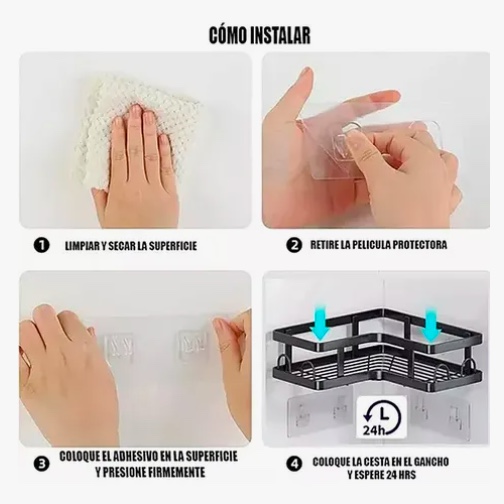 SET 5 PIEZAS ESQUINERO ORGANIZADOR DUCHA BAÑO ADHESIVO NEGRO - 2