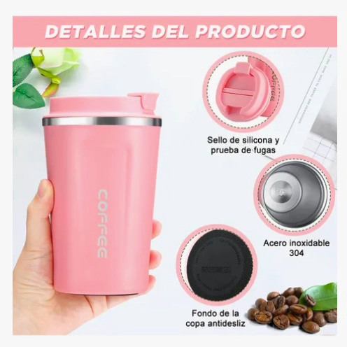 TERMO PARA CAFE VASO TE RMICO PORTATIL 380ML ROSADO - 4