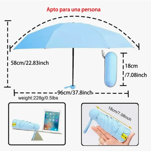 MINI PARAGUAS PLEGABLE PORTATIL ANTI UV CELESTE - 6