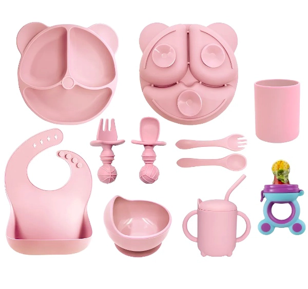 SET DE ALIMENTACION SILICONA DIVIDIDA CON VENTOSA BEBE S 10PZ ROSADO - 1