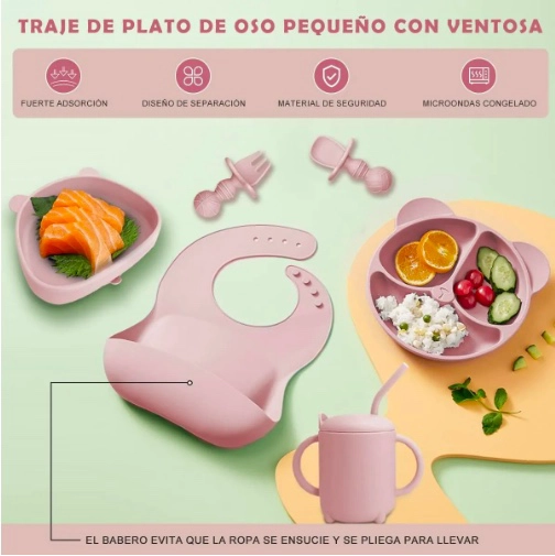 SET DE ALIMENTACION SILICONA DIVIDIDA CON VENTOSA BEBE S 10PZ ROSADO - 2