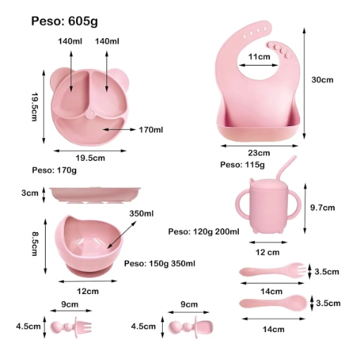 SET DE ALIMENTACION SILICONA DIVIDIDA CON VENTOSA BEBE S 10PZ ROSADO - 5