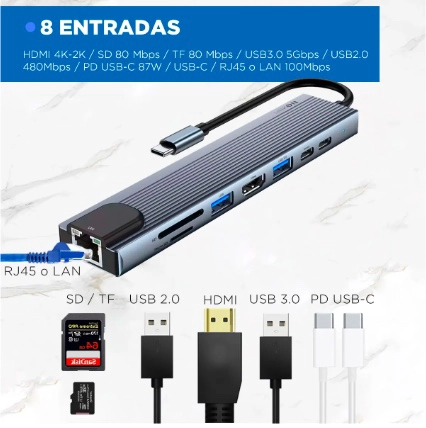 HUB ADAPTADOR USB TIPO C 8 EN 1 - 2