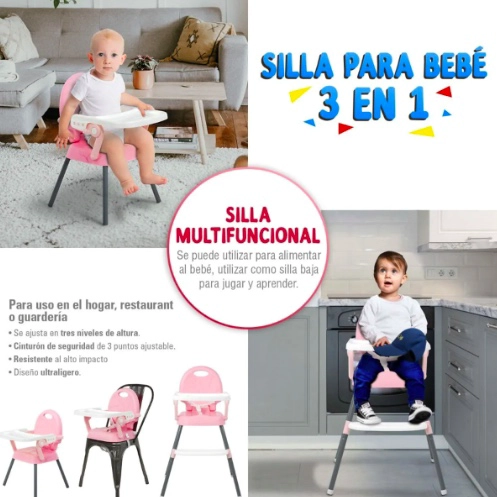 SILLA DE COMER 3 EN 1 PLEGABLE PARA BEBE  ROSADO - 2
