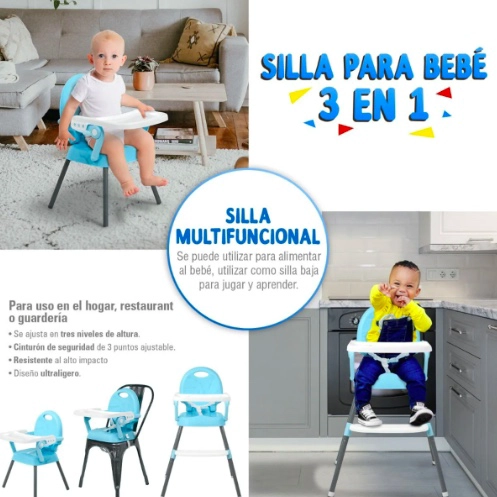 SILLA DE COMER 3 EN 1 PLEGABLE PARA BEBE  AZUL - 3