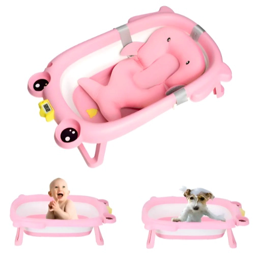 TINA SAPITO BEBE BAÑERA PLEGABLE + COJIN GRANDE REFORZADO COLOR RANITA ROSA + COJIN ROSA - 1