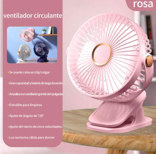 VENTILADOR DE CLIP CON LUZ Y RECARGABLE ROSADO - 2