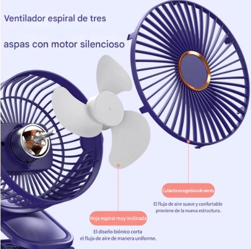 VENTILADOR DE CLIP CON LUZ Y RECARGABLE AZUL - 4