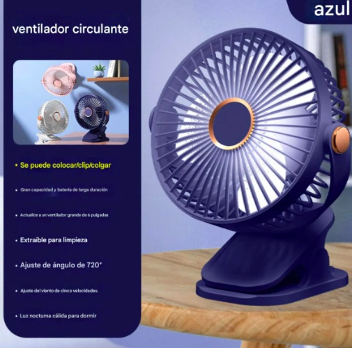 VENTILADOR DE CLIP CON LUZ Y RECARGABLE AZUL - 5