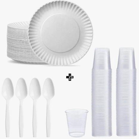 PACK 250 UNIDADES PLATOS CARTON + CUCHARAS + VASOS - 1