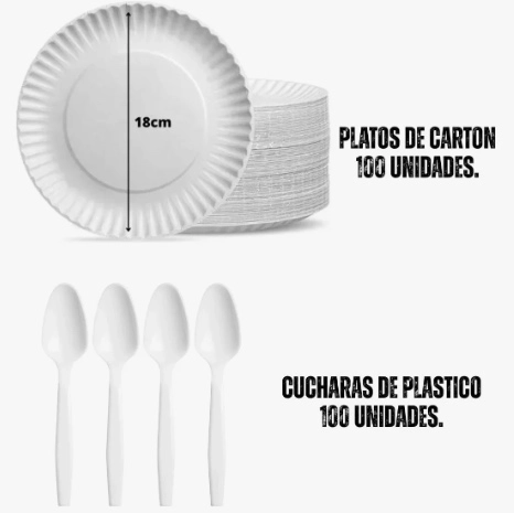 PACK 250 UNIDADES PLATOS CARTON + CUCHARAS + VASOS - 2