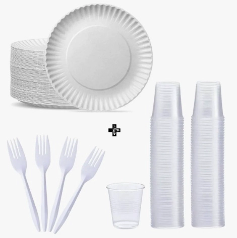 PACK 250 UNIDADES PLATOS CARTON + TENEDOR + VASOS - 1