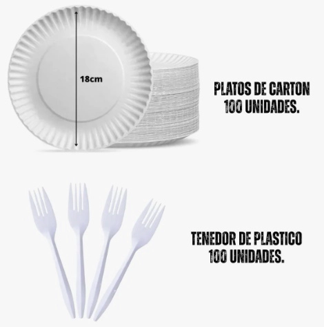 PACK 250 UNIDADES PLATOS CARTON + TENEDOR + VASOS - 2