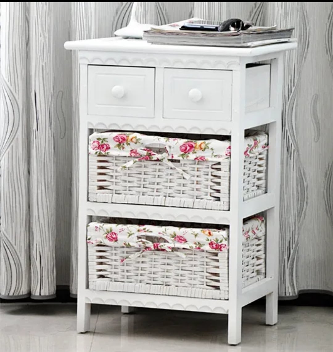 VELADOR ROMANTICO LACADO CON DOS CANASTOS FLORES BLANCO MADERA - 1