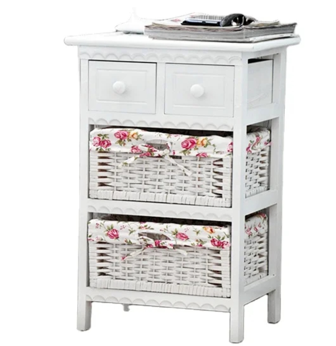 VELADOR ROMANTICO LACADO CON DOS CANASTOS FLORES BLANCO MADERA - 2