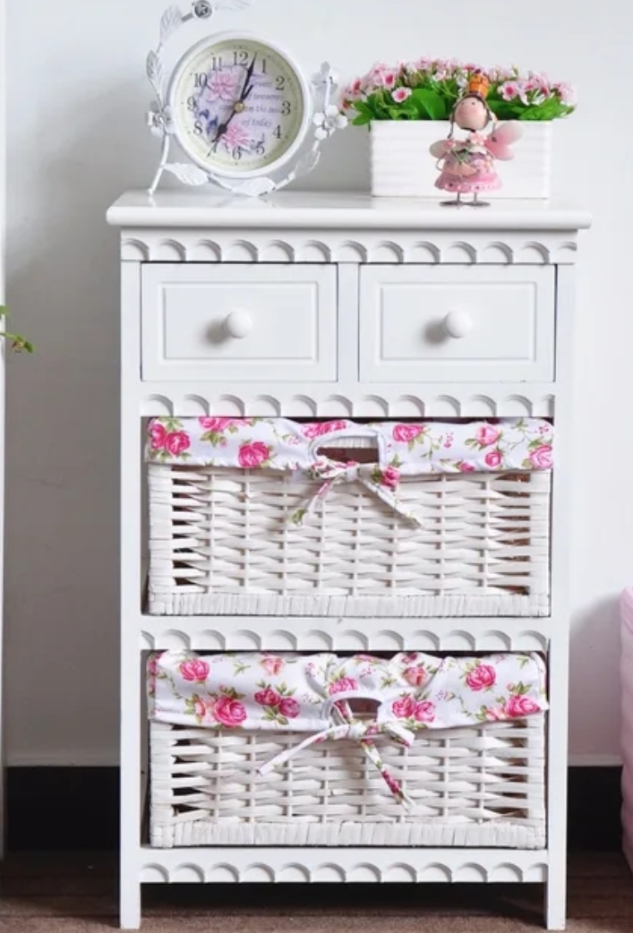 VELADOR ROMANTICO LACADO CON DOS CANASTOS FLORES BLANCO MADERA - 3