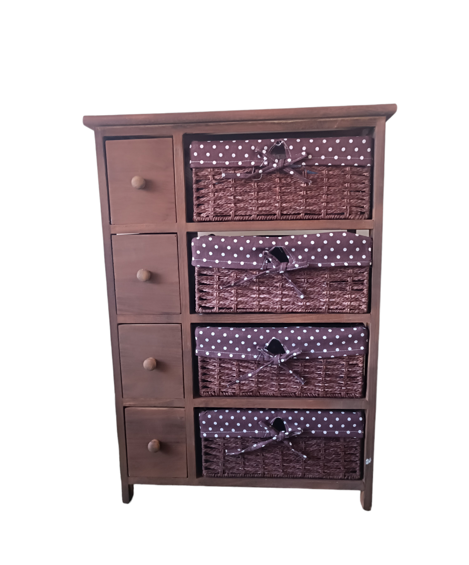 MUEBLE ORGANIZADOR ROMANTICO MADERA CON CANASTOS TELA LUNARES CAFE - 1
