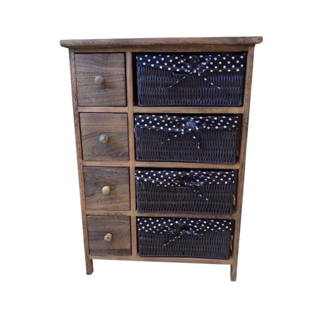 MUEBLE ORGANIZADOR ROMANTICO MADERA CON CANASTOS TELA LUNARES CAFE - 2