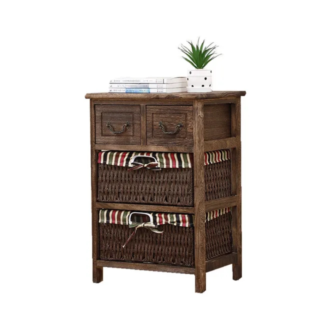 MESA SHABBY CHIC NOCHE CON DOS CANASTOS RATAN CUBIERTOS CON TELA MADERA - 1